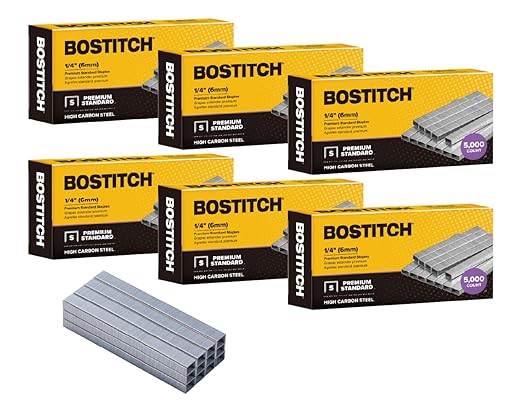 Bostitch Office 30,000 Standard Staples, 1/4" Length, Full Strip Staples, 210/Strip, 5000 Per Box, 6-Pack