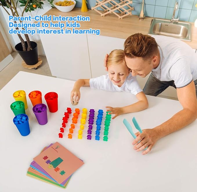 NEOROD Counting Bears - 90 Pcs Color Sorting Toys for Toddlers 1-3 & Preschool Learning Toys with Stacking Cups,Math Manipulatives with 2 Tweezers, 2 Dices, 12 Activity Cards & Storage Container
