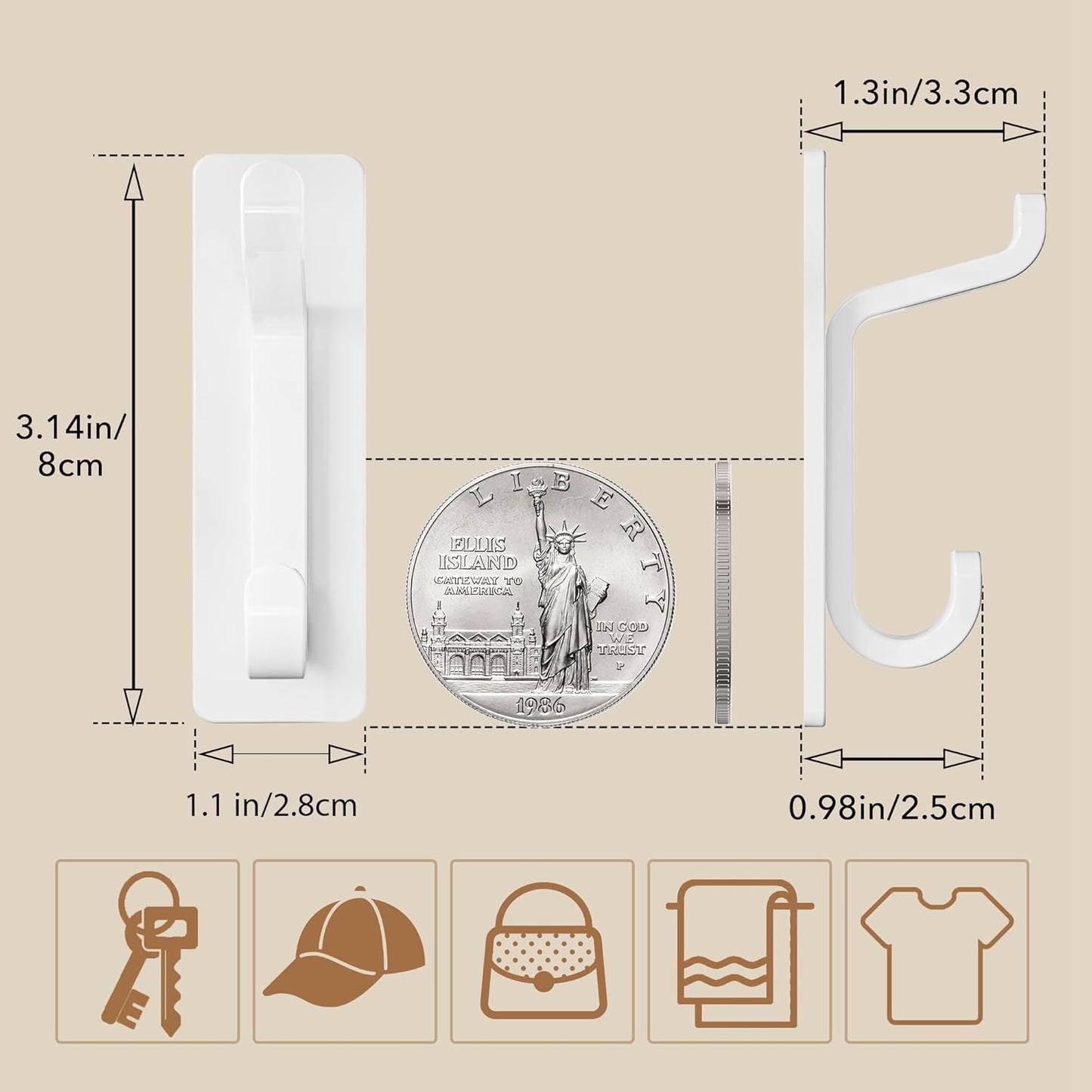 Wall Hooks for Coat and Towel: 13LB Adhesive Door Hanger Stick on, White 6 Pack