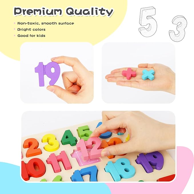 LovesTown Wooden Puzzles for Kids, Number Blocks, Montessori Preschool Educational Toddler Shape Puzzle Toys, Classroom Gifts for Boys Girls Stock Stuffering