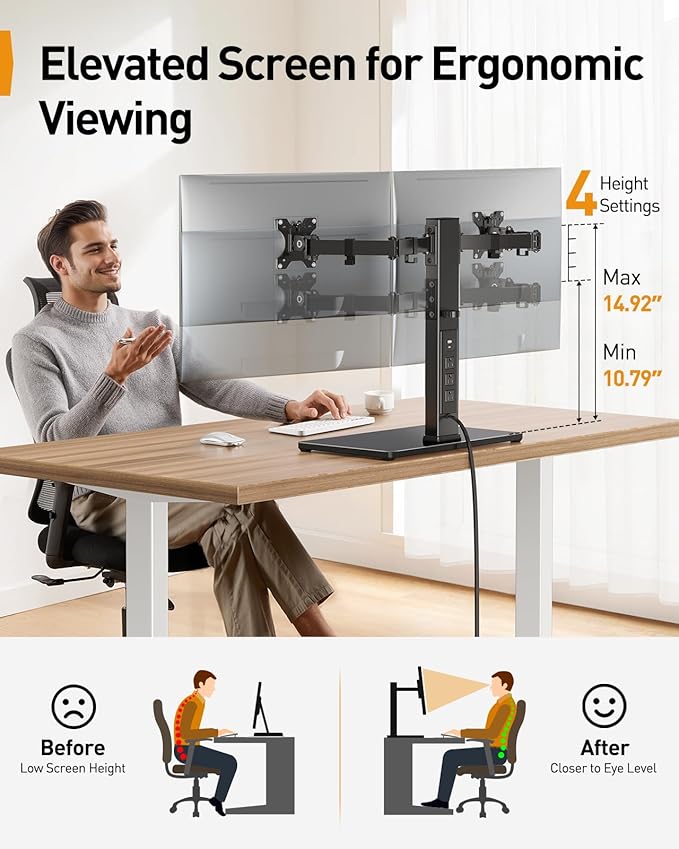 Perlegear Dual Monitor Stand with Power Strip, Freestanding Computer Monitor Stand for 2 Screens up to 32 Inch, Monitor Stand Riser with Glass Base and Adjustable Arms, Holds 22 lbs per Arm, PGTVS41B