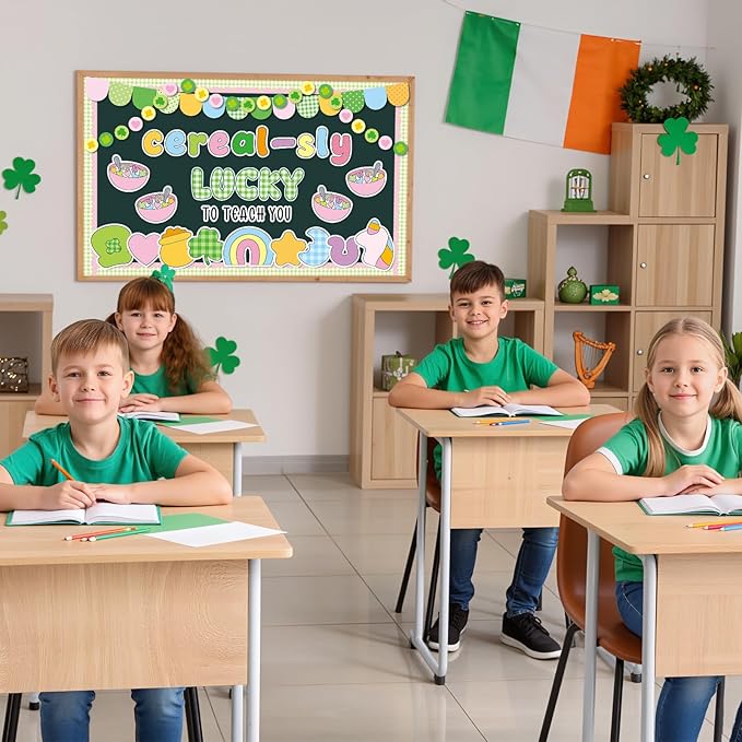 St. Patrick's Day Cereal-Sly Bulletin Board Lucky Shamrock Bulletin Board Decorations Rainbow Gold Coin Paper Cutouts for St. Patrick Party Supplies Home Classroom Chalkboard Wall Door Window Decor