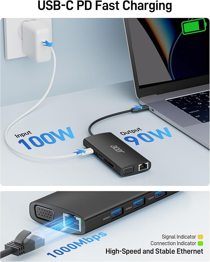Acer USB C Hub with 4K HDMI, 9-in-1 USB C to Ethernet Adapter, 5Gbps USBA 3.0 Docking Station, VGA Splitter, SD Card Reader, PD 100W Charging for MacBook, Acer, Laptops, Surface and More (Black)
