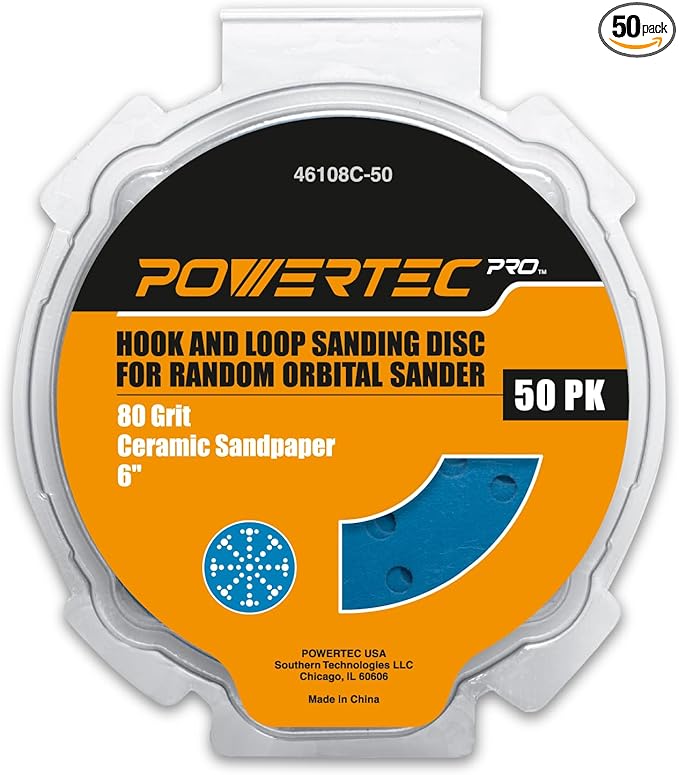POWERTEC PRO 50PK, 6 Inch 49 Holes Hook and Loop Sanding Disc, 80 Grit, Ceramic Hook and Loop Backing Discs for Festool Random Orbital Sanders - Automotive, Paint, Metal, Woodworking (46108C-50)