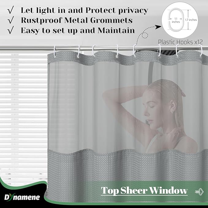 Dynamene Extra Long Shower Curtain, 84 Inch Long Waffle Fabric Shower Curtain for Bathroom, Tall Waterproof Cloth Shower Curtain Liner Set with Hook, Snap in Liner, Mesh Top Window, Dark Grey, 72x84