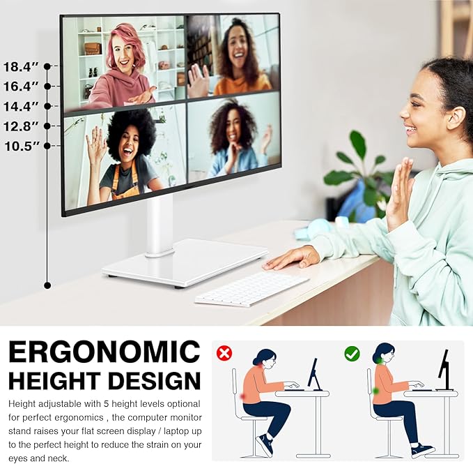 TAVR Furniture Single Monitor Stand VESA Mount for 13-32 Inch Screens, Free-Standing Monitor Riser with Swivel Tilt Rotation Height Adjustable, Universal Desk Stand up to 44lbs, White