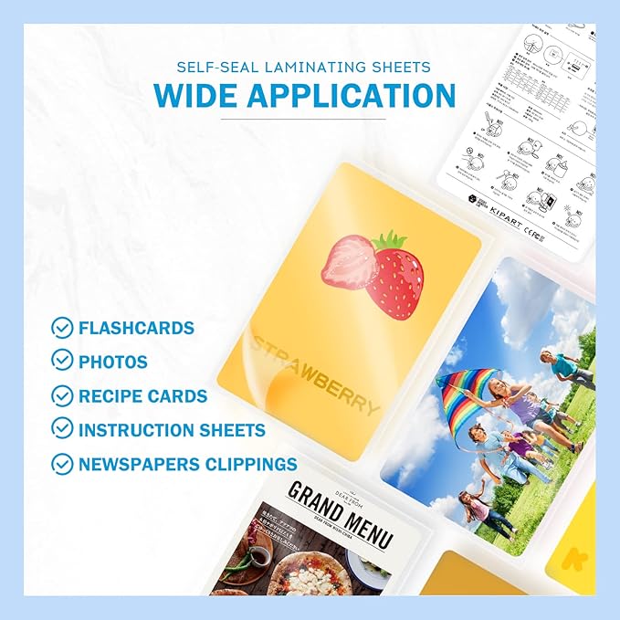 Uinkit 10mil Thicker Self Sealing Photo Laminating Pouches 5 x7", 20Pack Double-Sided for Recipe Cards & Photos, Waterproof Plastic Sleeves to Preserve Pictures, Index Flashcards