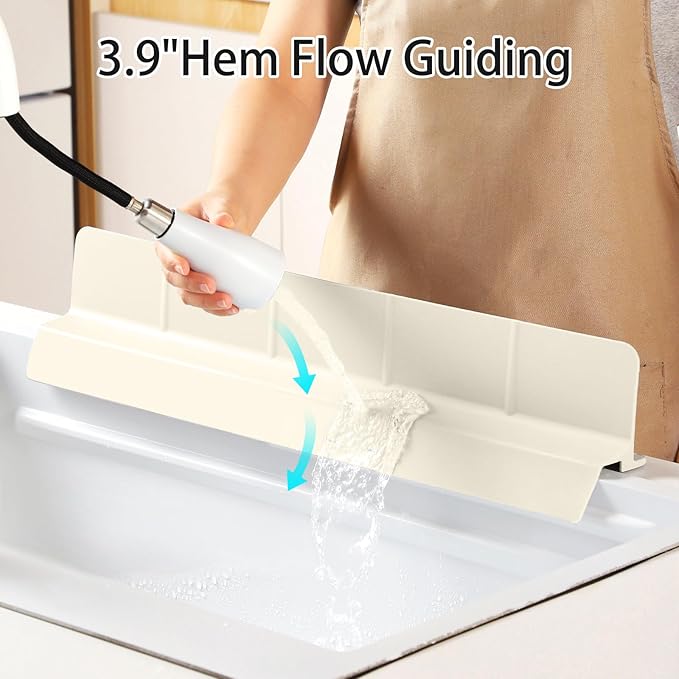 23" Ultra Silicone Sink Splash Guard Released in 2025/Dec,Self-Draining Water Splash Guard for Kitchen Sink,Bathroom and Island,with 3.5" High Splash Guard & 7 Strong Suction Cup (Beige)