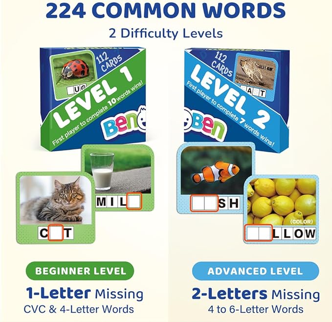 BenBen Spelling Games, 224 Flashcards, 208 Wood Letter Tiles, 1-4 Players, Learning Games for Kids 4-8, Educational Toys for Kindergarten 1st 2nd Grade, Preschool Classroom Must Haves