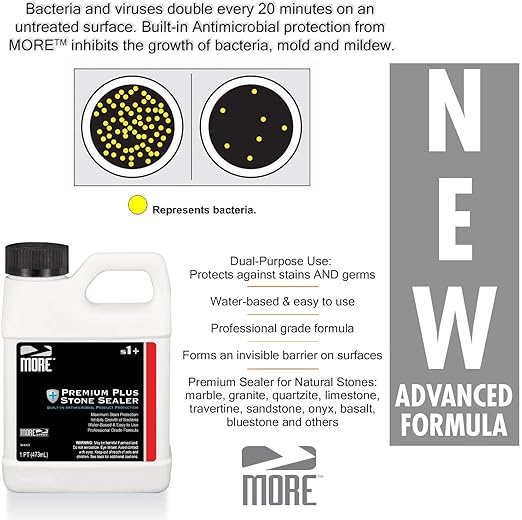 MORE Premium Plus Stone Sealer Protector for Countertops - Natural Stone, Marble, Granite Surfaces - Advanced Formula (Pint / 16oz)