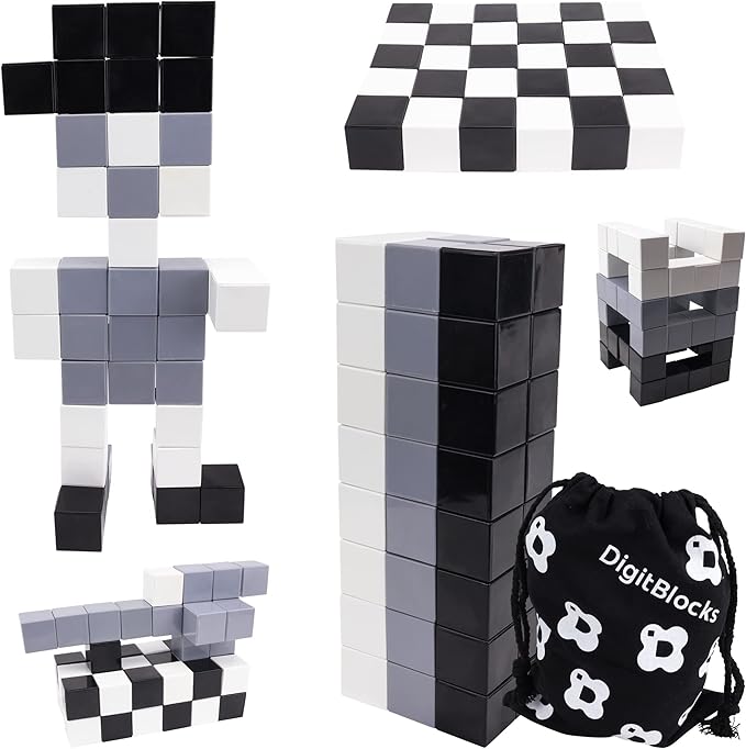 BrainSpark 48PCS Black White Grey DigitBlocks Magnetic Building Cube Set, Sensory STEM Education Preschool Magnet Toys for 3-9 Year Old Boys and Girls