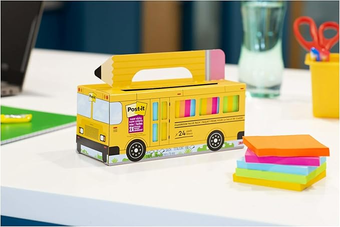 Post-it Super Sticky Notes Value Pk,24 Pads,Convenient School Bus Carry & Storage Case,2X The Sticking Power,3x3 in,Bright Colors (Orange,Pink,Blue,Green,Yellow),Recyclable (654-24SSBUS),(Pack of 8)