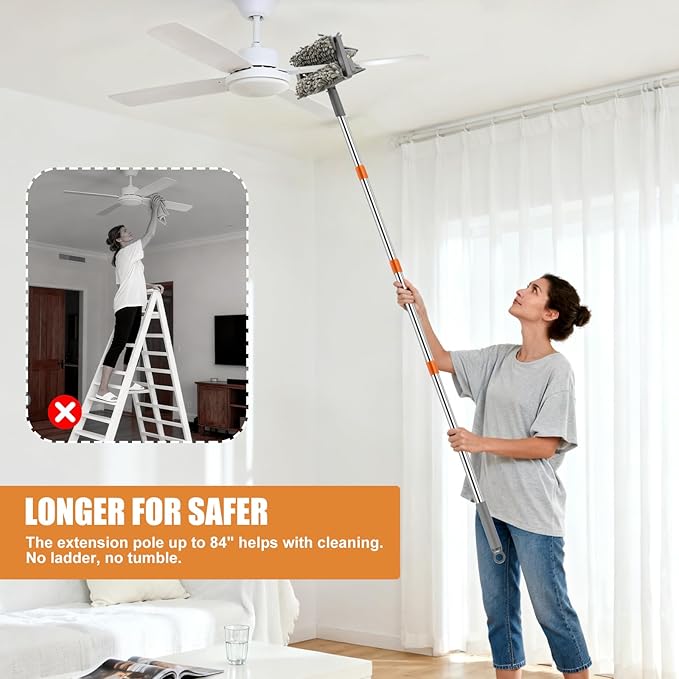 Ceiling Fan Cleaner Duster with 84'' Extension Pole, Baseboard Cleaner Tool with Handle, Reusable Chenille & Microfiber Pads for Dusting Ceiling Fan Baseboard Wall Window Floor