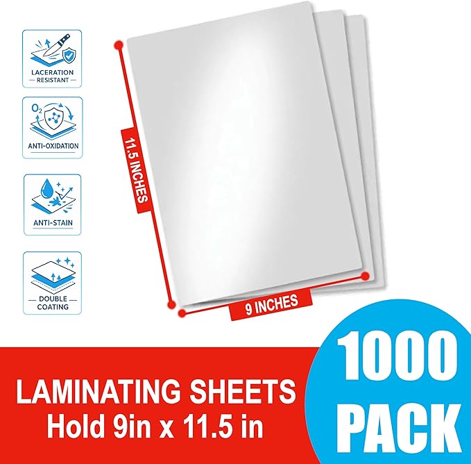 3MIL Thermal Laminating Sheets (1000 Count), 9x11.5 inch Letter Size Dry-Erase Friendly Laminating Pouches, Compatible with Laminator, Crystal Clear Laminated Finish