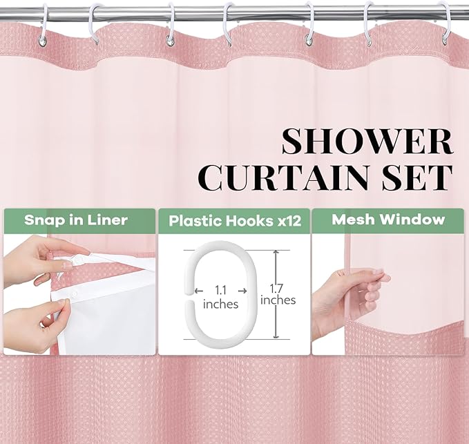 Dynamene Fabric Shower Curtain with Snap in Liner, Pink Waffle Hotel Shower Curtains for Bathroom, Washable Waterproof Cloth Shower Curtain Liner Set with Plastic Hook, Mesh Top Window, 72x72, Pink