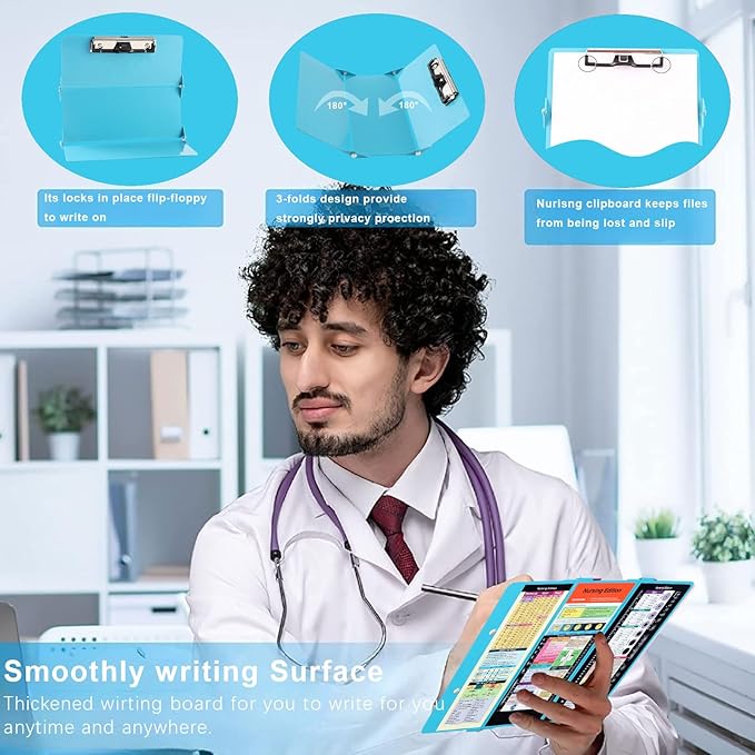 Nursing Clipboard Foldable Clipboard Pocket Size:Nursing Edition Cheat Sheets Aluminum 3 Layers Foldable Clipboard Nursing Nurse Clipboard Foldable fits in Nurses Doctors (Blue)