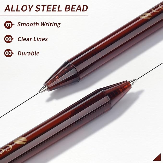 Coffee Ballpoint Pens Bulk, 60 Pack Click Pens Smooth Writing 1.0mm Black Ink, Coffee-Brown Barrel with Gold “COFFEE” Print for Office, School, Café Use or Severs