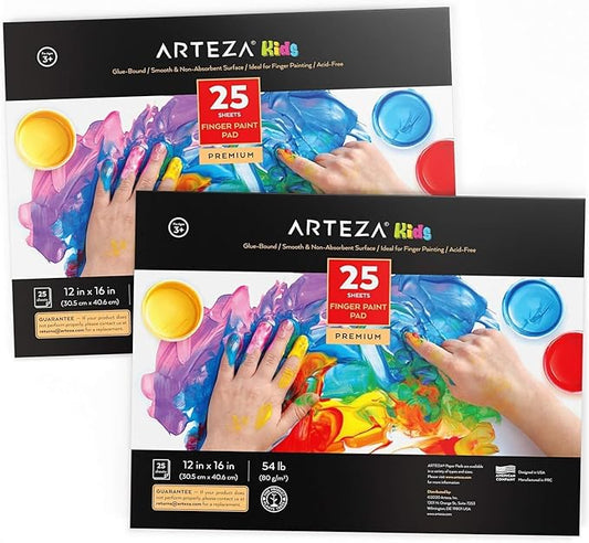ARTEZA 12x16 Inches Finger Paint Paper Pad, Pack of 2 Finger Pads, 25 Sheets Each, 54lb/80gsm Drawing Pad for Kids