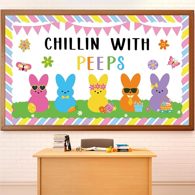 Easter Bulletin Board Decoration Set Easter Bunny Classroom Decoration Colorful Eggs Bunny Flower Paper Cutouts for Spring Party Supplies School Classroom Home Office Nursery Chalkboard Wall Decor