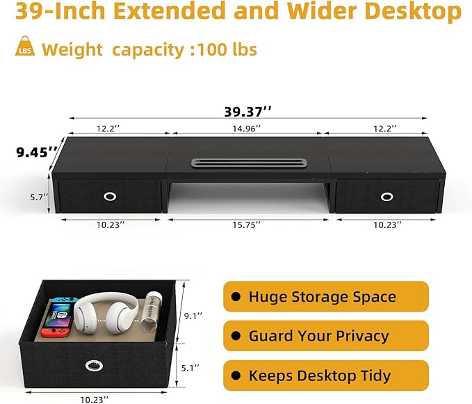 Mexin Dual Monitor Stand Riser with 2 Drawers - 39Inch Large Storage Computer Monitor Stands for 2 Monitors, Wooden Desktop Organizer Perfect for Home Office Desk, Computer, Laptop, TV, Black