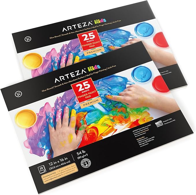 ARTEZA 12x16 Inches Finger Paint Paper Pad, Pack of 2 Finger Pads, 25 Sheets Each, 54lb/80gsm Drawing Pad for Kids