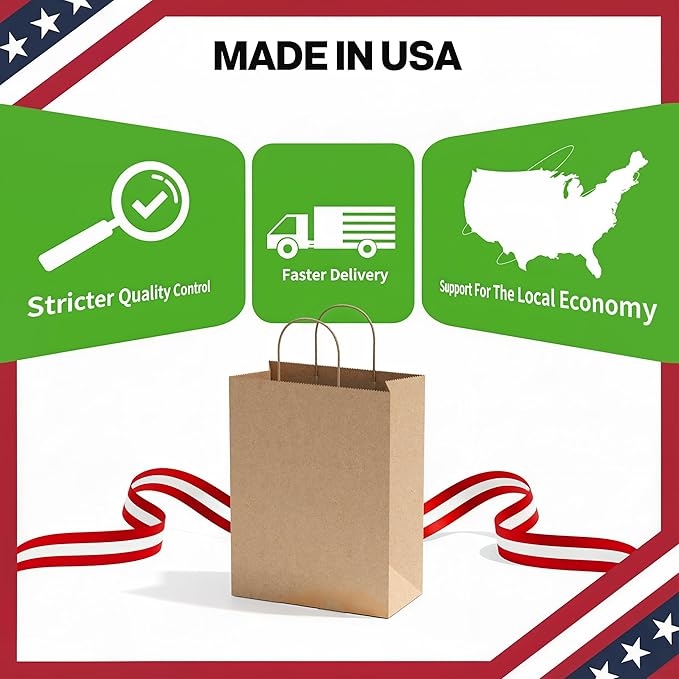 Simple Deluxe Value Pack of 50 Kraft Paper Bags with Handles (10x5x13 Inch) - Made in USA from 90GSM 100% Recycled Paper for Retail, Bulk Savings for Retail, Stores & Gift Packaging