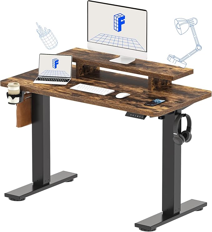FLEXISPOT Standing Desk with Monitor Stand, 48 x 24 Inches One-Piece Electric Height Adjustable Computer Desk with Cup Holder, Home Office Desks (Black Frame+ Rustic Top)