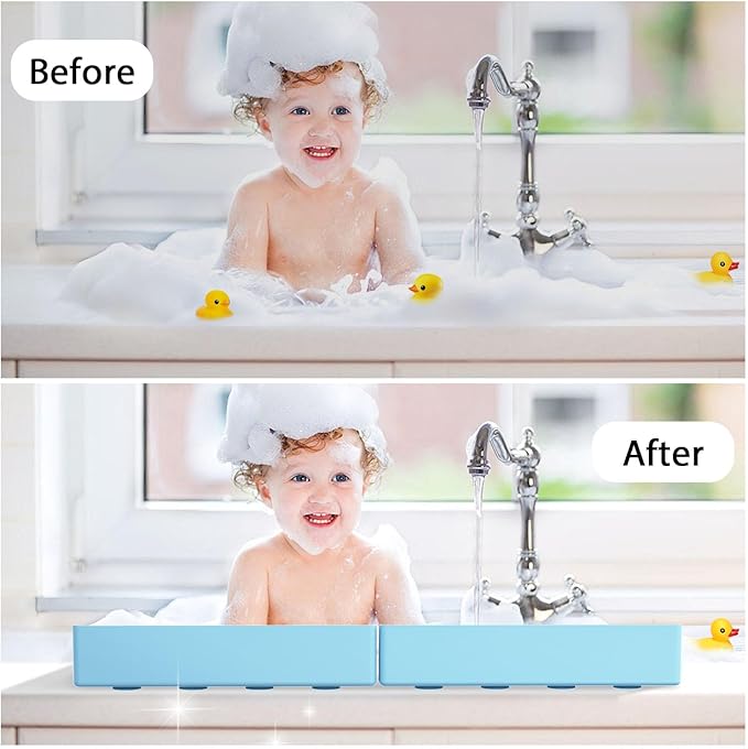 Roslim Bathtub Splash Guard for Tub - Silicone Water Splash Guard with 4 Suction Cups, Bath Toy Holder, Bathtub Play Shelf for Bathing, Bathtub Side Suction Tray, 1Pack, Blue
