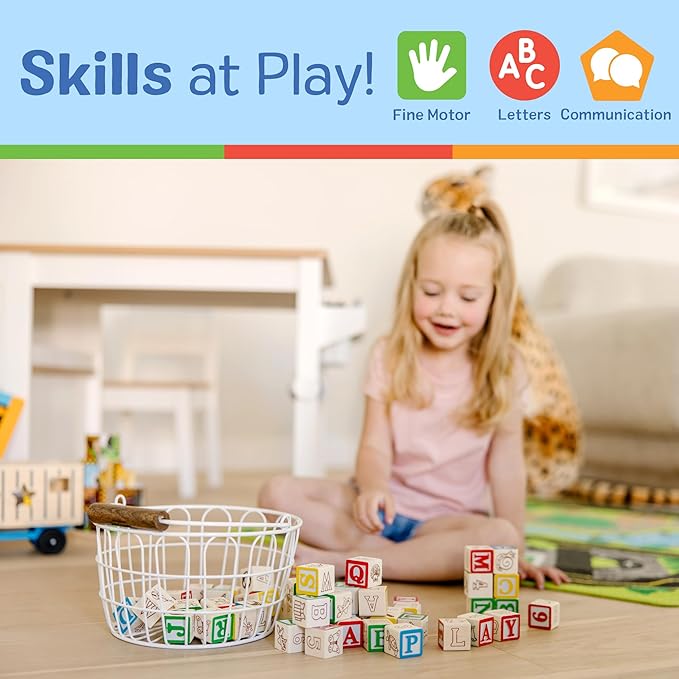 Melissa & Doug Deluxe Wooden ABC/123, 50-Piece Set of Classic Letter & Number Wooden Blocks (1” x 1”) with Storage Pouch, Sorting & Stacking Toys for Kids Ages 2+
