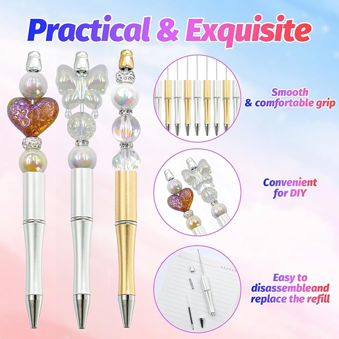 150 Pieces DIY Beadable Pen Kit – 500 Plastic Ballpoint Pens with Refills & Bags – School Supplies, Office Accessories & Decorative Items for Students & Teachers (Silver and Gold)