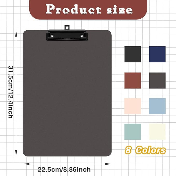 8 Pack Colored Clip Boards,Plastic Clipboards with Low Profile Metal Clip,Hangable Clipboard,Low Profile Clip Board 12.5 x 9 Inch Standard Letter Size