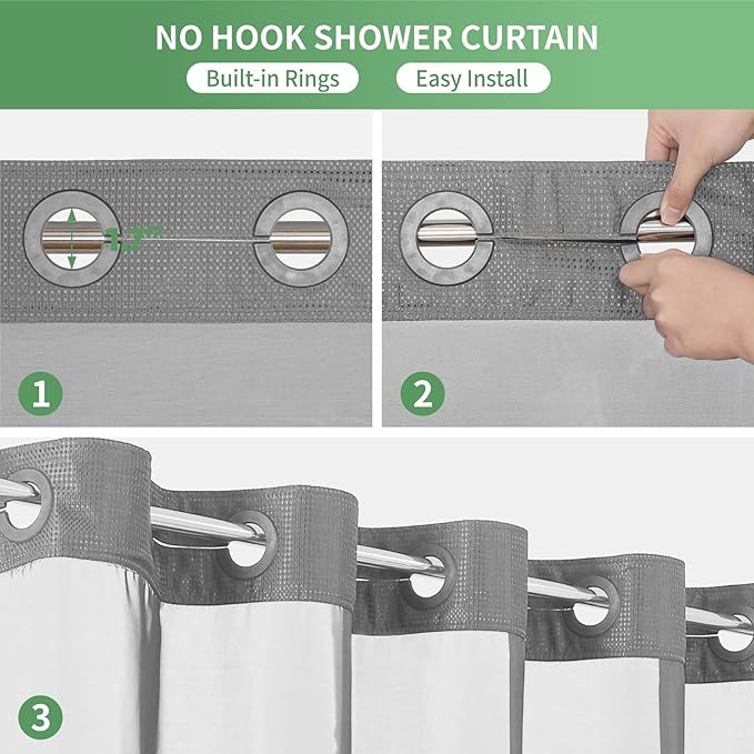 Grey No Hook Shower Curtain with Snap-in Fabric Liner Set,Waffle Weave Shower Curtains for Bathroom,Hotel Luxury Decor Bathroom Curtain Set,Waterproof & Washable,71Wx77H