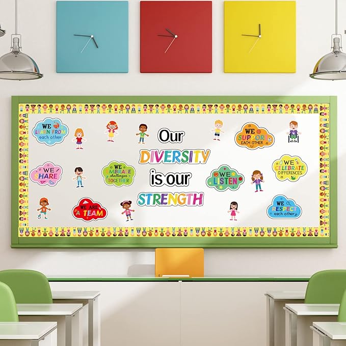 Diversity Bulletin Board Decoration Set Diverse Students Borders Cutouts for Party School Classroom Door Welcome Bulletin Board Craft Home Wall(Our Diversity is Our Strength)