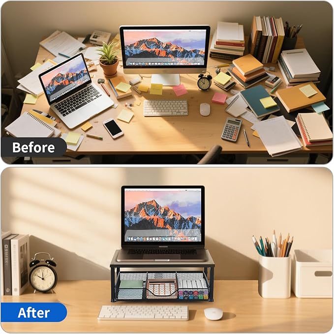 Small Laptop Stand for Desk, Monitor Stand Riser, Office Desk Accessories, Computer Desktop Stand with Drawer for Home, Office, School (Black)