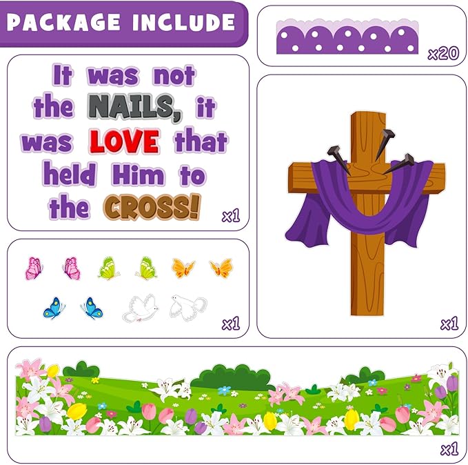 Easter Cross Bulletin Board Decoration Set, Religious Jesus Christian Classroom Decorations, Spring Faith Lily Butterfly Cutouts, April Sunday School Church Wall Window Door Decor for Teacher