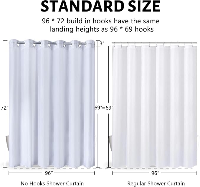 Furlinic Extra Wide No Hook Shower Curtain,96 Inch Width White Fabric Shower Curtains with 12 Plastic Built-in Hooks,Waterproof & Machine Washable Hotel Style for Bathroom,96x72 Inch