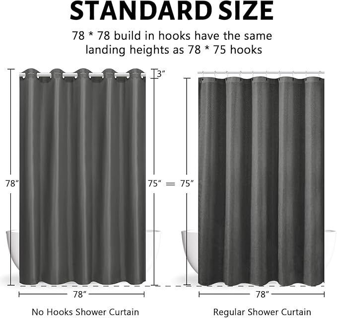 Dark Grey Shower Curtain No Hooks Needed,Polyester Fabric Long Shower Curtain Liner 78 Length with 10 Plastic Split Grommets,Machine Washable & Waterproof Bathroom Curtains for Hotel,78x78 Inch