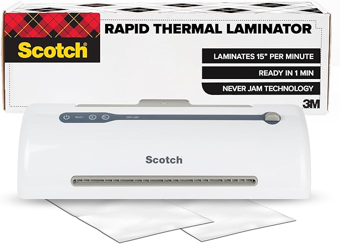 Scotch Rapid Thermal Laminator, Ready in 1 Minute, Never Jam Technology Automatically Prevents Misfed Items, 9 inch, Includes 2 Pouches (TL909X-EF), 1 Packs per case