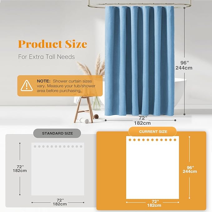 BTTN Blue Extra Long Shower Curtain, 72x96 Inch Long Linen Textured Heavy Duty Fabric Shower Curtain Set with 12 Hooks, Tall Simple Neutral Waterproof Cloth Shower Curtain for Bathroom, Moonlight Blue