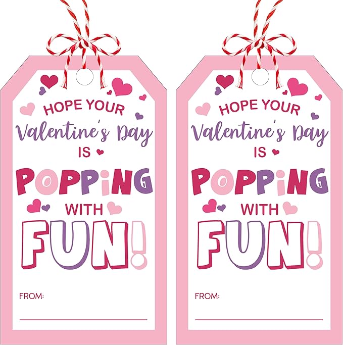 50 Pcs Have A Poppin Valentines Day Sticker Label, Valentine Gift Tags with String, Gift Label Paper Tags Labels Idea Valentines Activity Party Favors-Pink