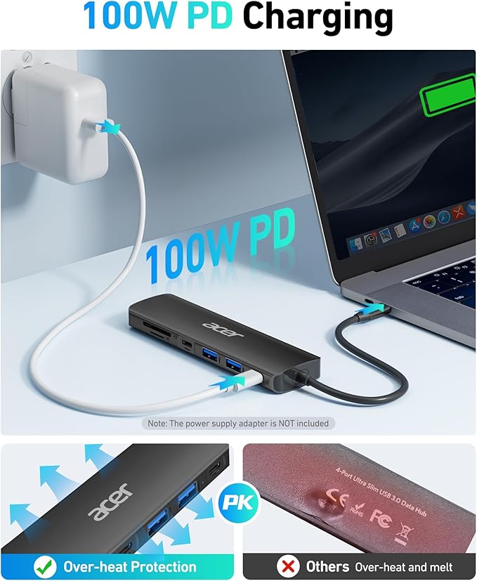Acer USB C Hub, 7 in 1 USB-C to HDMI Dock, 2 USBA 3.1 GEN1 and 5Gbps Type-C Data Port, 4K HDMI Port, PD 100W Charging, SD Card Reader, for iPad Pro MacBook Pro Laptops and More (Black)