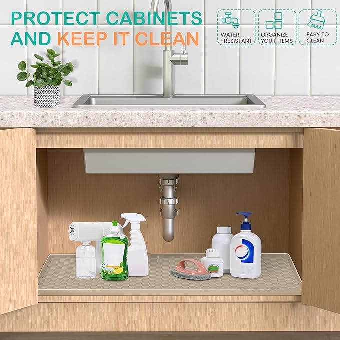 Waterproof Under Sink Mat 28" x 19", Silicone Cabinet Liner, Rubber Protector for Kitchen and Bathroom, Keeps Cabinets Clean, Dry, and Organized (Khaki)