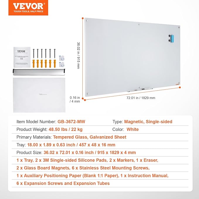 VEVOR Magnetic Glass Writing Board, Erasable 72"x36" Surface, Frameless Wall Installation, Includes Marker Holder, a Cleaning Tool, and 2 Writing Pens, White