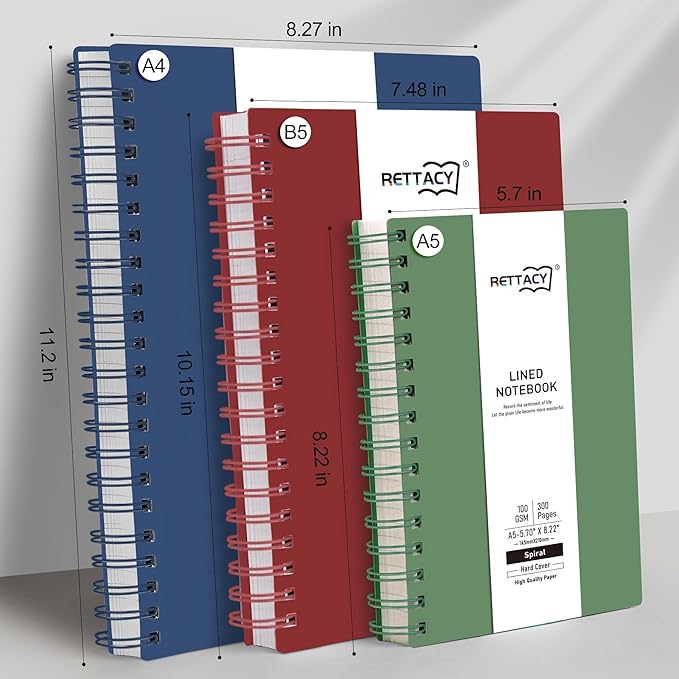RETTACY Spiral College Ruled Notebook, 300 Pages, B5 Medium Size (7.4" x 10"), for School, Work, Writing, Journaling, 100 GSM Thick Paper, Flexible Plastic Cover (Dark Green)