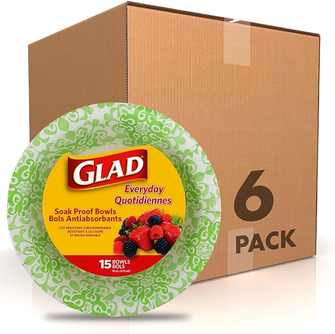 Glad Round Disposable Paper Bowls, Green Victorian Design - Heavy Duty, Soak Proof, Cut-Resistant, Microwavable Bowl for All Foods & Daily Use, 16 Oz, 15 Count - 6 Pack