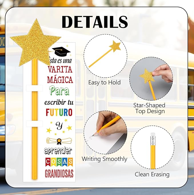 Colarr 50 Sets Spanish Graduation Gifts Pencils Class of 2026 Include Star Sticker Magical Wand Pencils Card for DIY Graduation Party Favors End of Year Senior High School College University