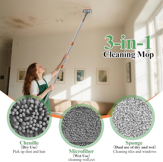 Ceiling Fan Cleaner Duster - 79" Extension Pole & Dual Brush Heads Baseboard Cleaner Tool with Handle, 4-in-1 Reusable Fan Blade Cleaner Ceiling Fan Duster for Fan Blades Baseboards Corners