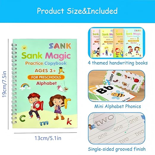 Magic Grooved Writing Practice for Kids Age 3-5,Reusable Groove Handwriting Workbooks,Preschool Learning Activities with Mini Alphabet Phonics&Auto-Disappearing Pen(4-Book)