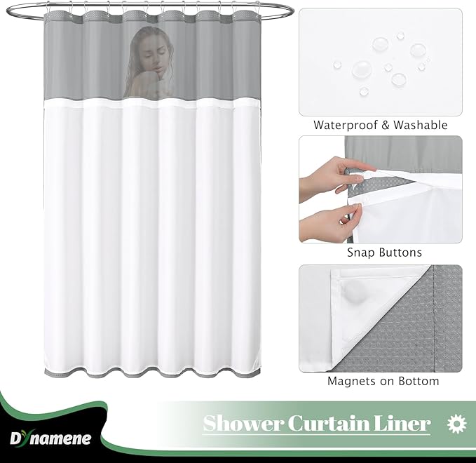 Dynamene Fabric Shower Curtain with Snap in Liner, Grey Waffle Hotel Shower Curtains for Bathroom, Washable Waterproof Cloth Shower Curtain Liner Set with Plastic Hooks, Mesh Top Window, 72x72, Gray