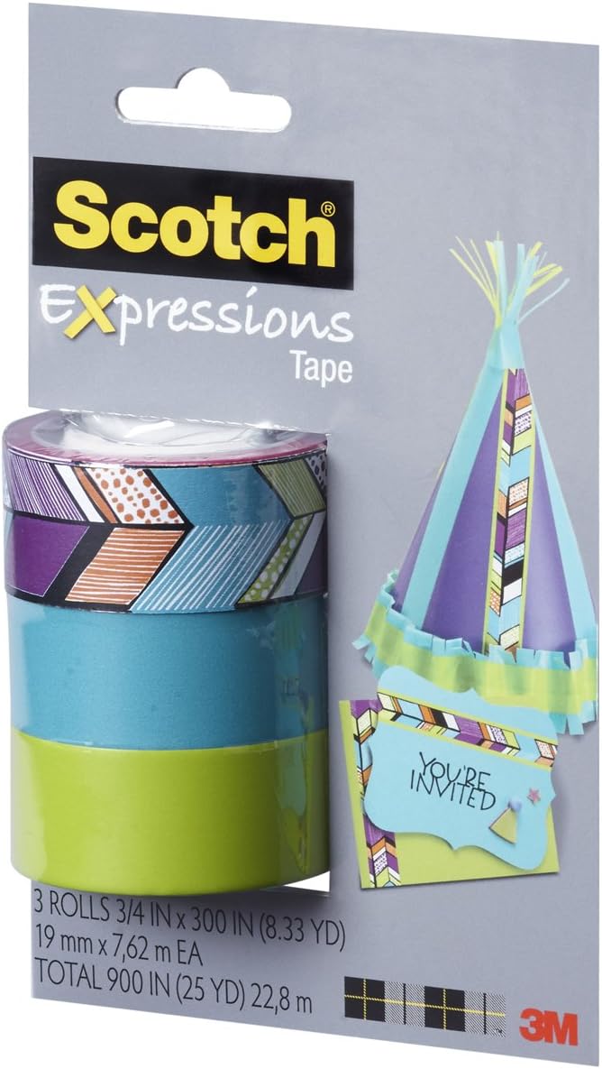 Scotch Expressions Magic Tape/ 3/4 x 300 Inches/Tribal/Blue/Green/ 3-Rolls/Pack (C214-3PK-4)